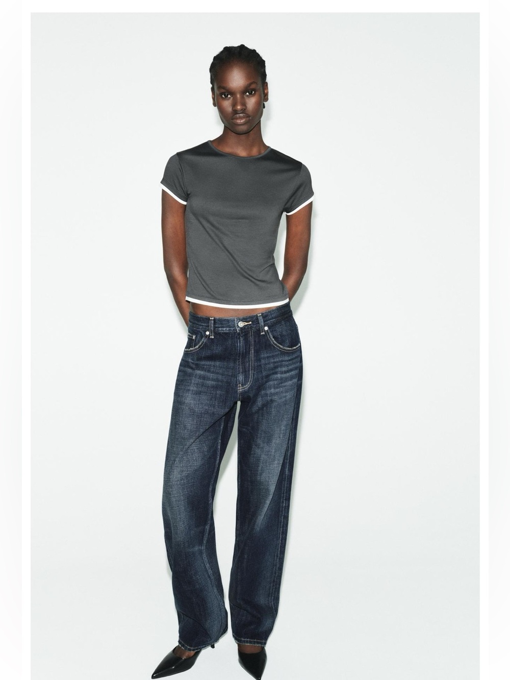Zara Short Sleeve Cropped Tee in Gray with White Trim